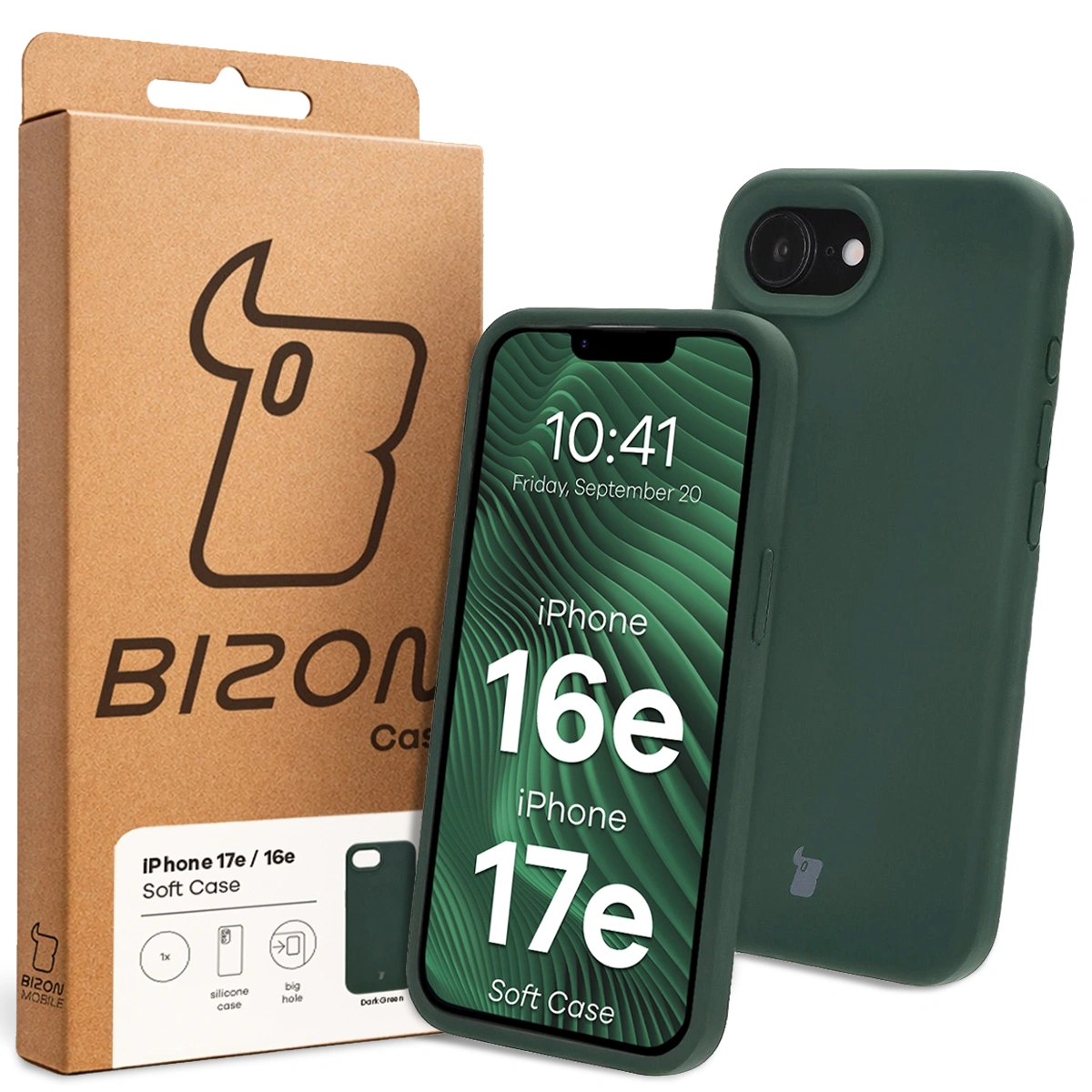 Przód pudełka Bizon Case z dedykowaną etykietą do Apple iPhone 17e/16e